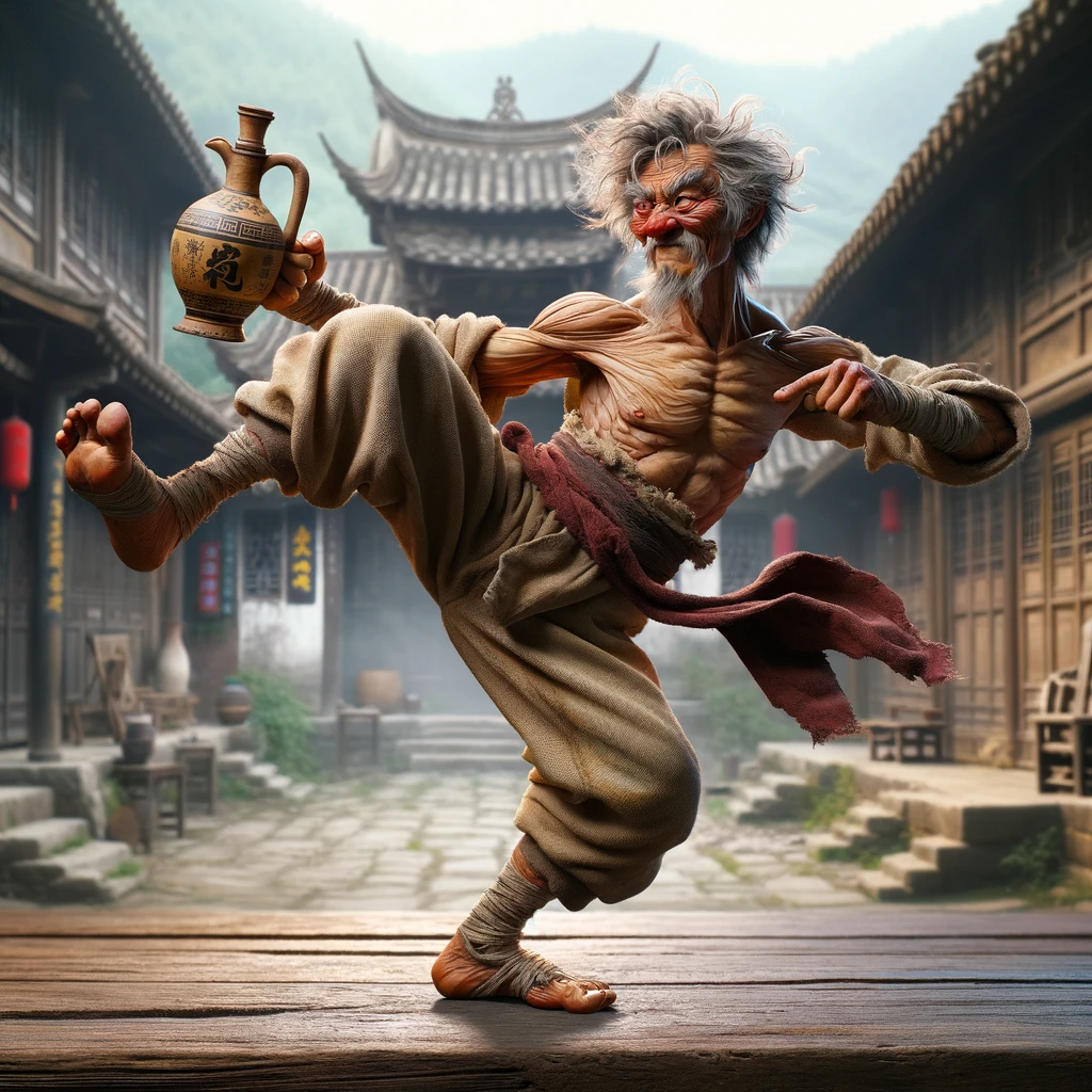 A wiry and powerful older Drunken Boxer from Chinese Kung Fu, standing on one leg in a dynamic pose, with a red nose, messy hair, and holding a Chinese wine jug